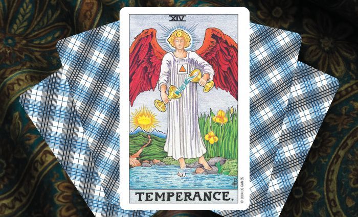A classic Temperance card rests on a floral tapestry.