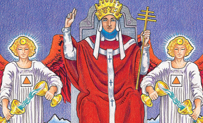 Images from the classic Rider Waite Tarot represent The Hierophant and Temperance birth cards.