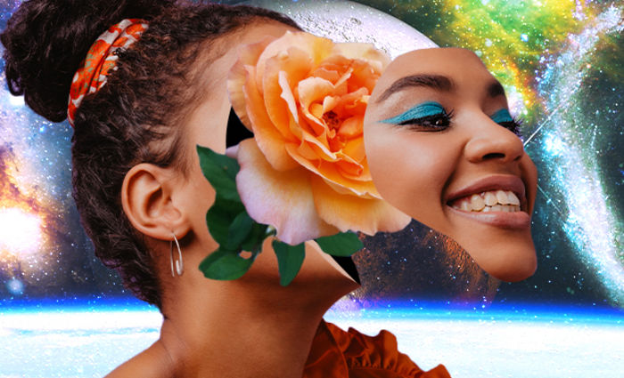 A woman's face with a peach rose is shown in front of a galactic background.
