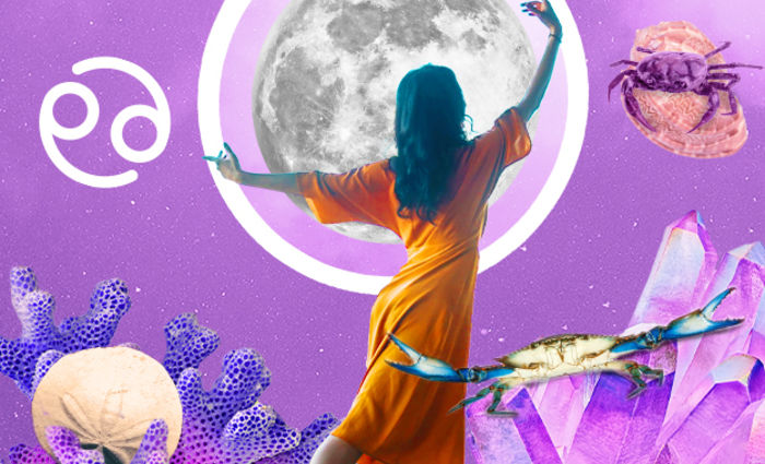 A woman in an orange dress dances against a full moon backdrop for the 2023 Cancer horoscope.