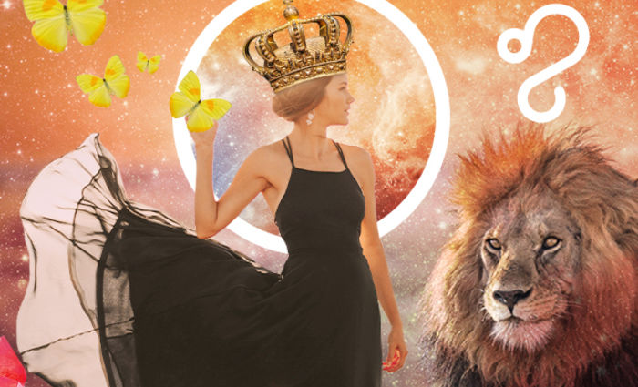A woman in a black dress and crown stands beside a lion for the 2023 Leo yearly horoscope.