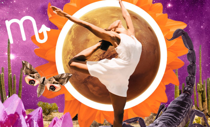 A woman in a white dress does a dancer's leap against a purple and orange background.