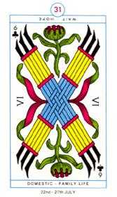 Six of Clubs Tarot card in Cagliostro Tarot deck