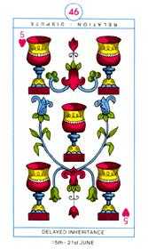Five of Hearts Tarot card in Cagliostro Tarot deck