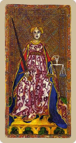 Justice Tarot card in Cary-Yale Visconti Tarocchi Tarot deck