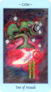 Two of Wands Tarot card in Celestial Tarot deck