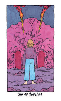 Two of Torches Tarot card in Cosmic Slumber Tarot deck