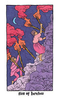 Five of Torches Tarot card in Cosmic Slumber Tarot deck