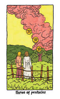 Three of Pentacles Tarot card in Cosmic Slumber Tarot deck
