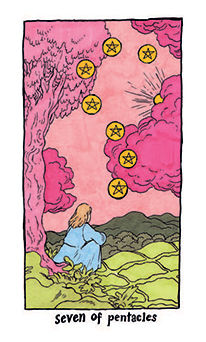 Seven of Pentacles Tarot card in Cosmic Slumber Tarot deck