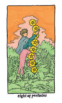 Eight of Pentacles Tarot card in Cosmic Slumber Tarot deck