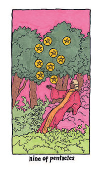 Nine of Pentacles Tarot card in Cosmic Slumber Tarot deck