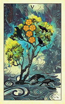 Five of Pentacles Tarot card in Crow Tarot Tarot deck