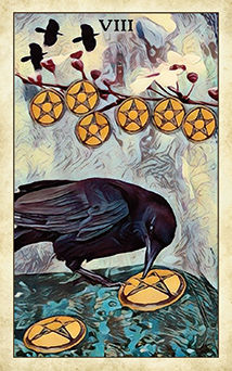 Eight of Pentacles Tarot card in Crow Tarot Tarot deck