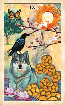Nine of Pentacles Tarot card in Crow Tarot Tarot deck