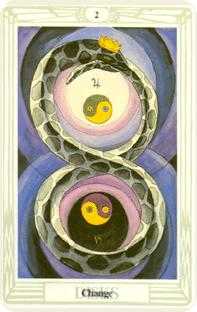 Two of Disks Tarot card in Crowley Tarot deck