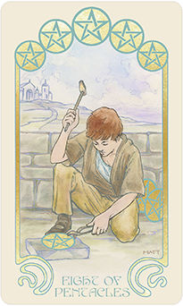 Eight of Pentacles Tarot card in Ethereal Visions Tarot deck