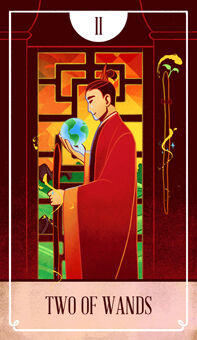 Two of Wands Tarot card in The Fablemaker's Animated Tarot Tarot deck