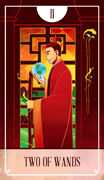 Two of Wands Tarot card in The Fablemaker's Animated Tarot Tarot deck