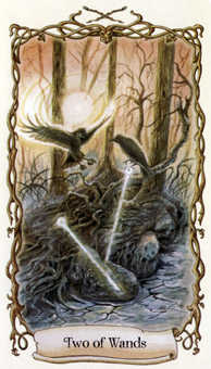 Two of Wands Tarot card in Fantastical Creatures Tarot deck