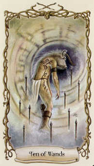 Ten of Wands Tarot card in Fantastical Creatures Tarot deck