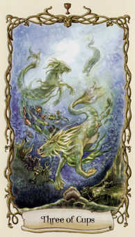 Three of Cups Tarot card in Fantastical Creatures Tarot deck