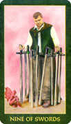 Nine of Swords Tarot card in Forest Folklore Tarot deck