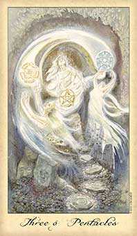 Three of Coins Tarot card in Ghosts & Spirits Tarot deck