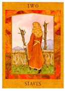 Two of Staves Tarot card in Goddess Tarot deck