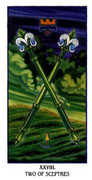 Two of Sceptres Tarot card in Ibis deck