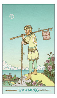 Two of Wands Tarot card in Luna Sol Tarot deck