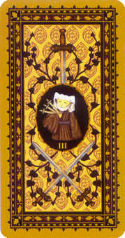 Three of Swords Tarot card in Medieval Cat Tarot deck