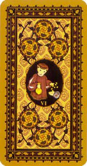 Six of Coins Tarot card in Medieval Cat Tarot deck