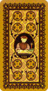 Eight of Coins Tarot card in Medieval Cat deck