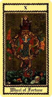 Wheel of Fortune Tarot card in Medieval Scapini Tarot deck