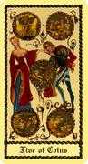 Five of Coins Tarot card in Medieval Scapini deck