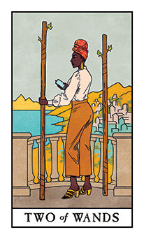 Two of Wands Tarot card in Modern Witch Tarot deck