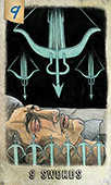 Nine of Swords Tarot card in Omegaland Tarot deck
