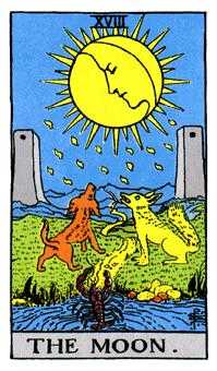 The Moon Tarot card in Rider Waite Tarot deck