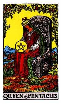 Queen of Coins Tarot card in Rider Waite Tarot deck