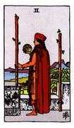 Two of Wands Tarot card in Rider Waite deck