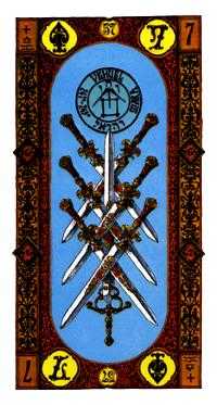Seven of Swords card from the Golden Thread Tarot Deck