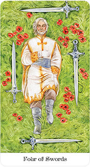 Four of Swords Tarot card in Tarot of the Golden Wheel Tarot deck
