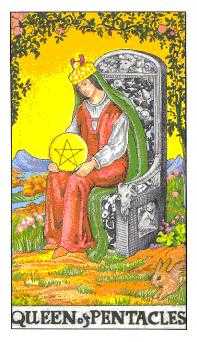 Queen of Coins Tarot card in Universal Waite Tarot deck