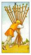 Ten of Wands Tarot card in Universal Waite deck