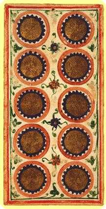 Ten of Coins Tarot card in Visconti-Sforza Tarot deck