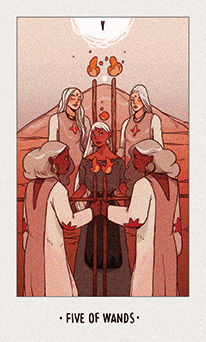 Five of Wands Tarot card in White Numen Tarot deck