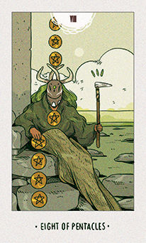 Eight of Pentacles Tarot card in White Numen Tarot deck